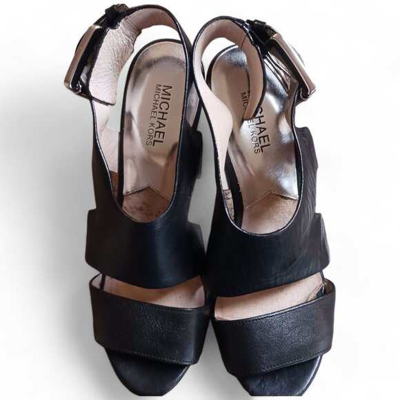 Michael Kors Carla Black Leather Platform Open Toe Cone Heels - Picture 8 of 16